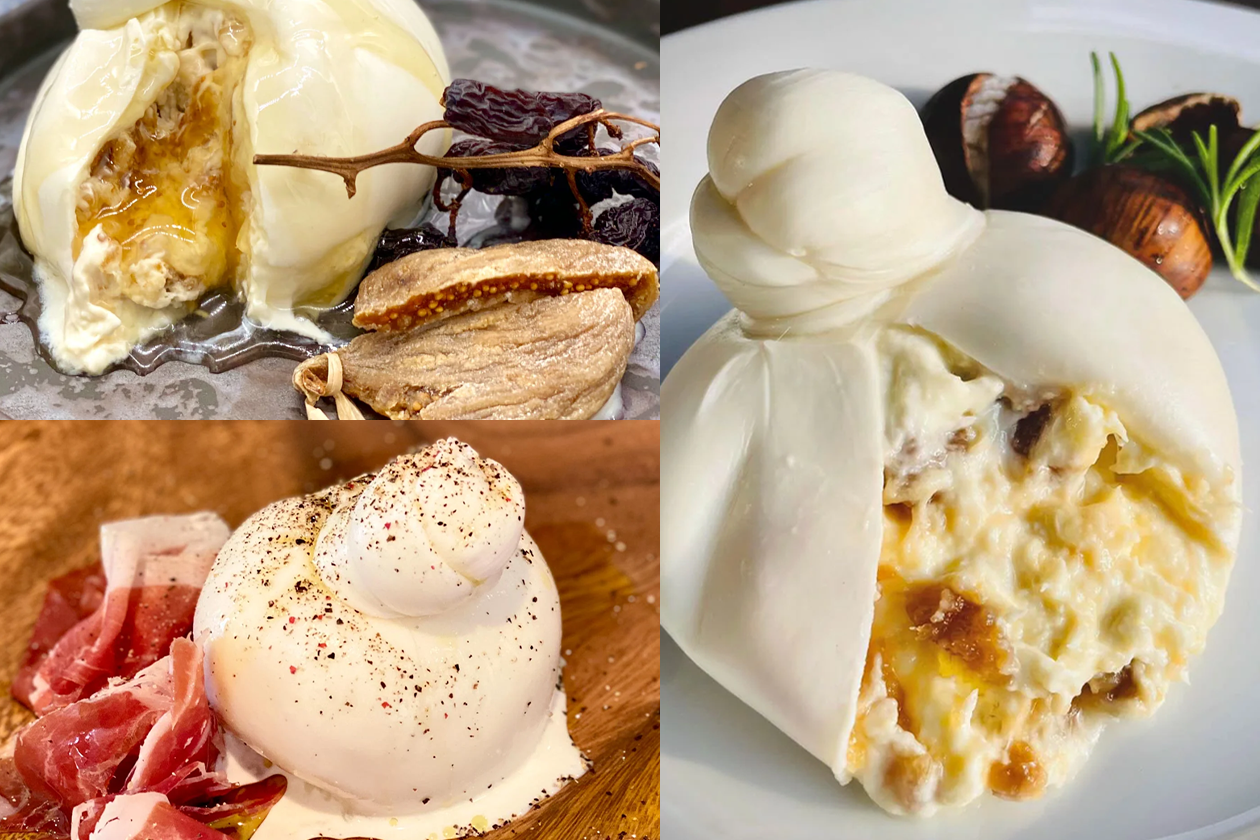 優しい甘さと渋皮の香ばしさが最高のマロンを含む「秋のブッラータ３種セット(ﾏﾛﾝ･ｲﾁｼﾞｸ･ ﾌﾟﾚｰﾝ)」作りたてを工房から直送【期間限定】